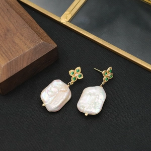 Vintage baroque pearl drop earrings with golden flower studs and green zircon stones