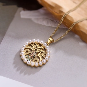 18K gold plated tree of life pendant necklace with colorful zircons and pearls