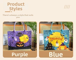 Detail of Halloween felt tote bags in purple and blue featuring ghosts and pumpkins