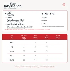 Size chart for women's yoga sports bra in 5 colors, featuring polyamide and elastane fabric