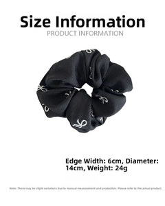Detailed size specifications for the black scrunchie with white bow embroidery