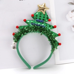 LED Christmas tree headband with green sequins, red pom-poms and gold star topper