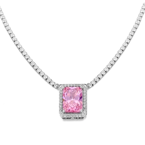 Elegant silver tennis necklace featuring a rectangular pink zircon pendant with diamond halo