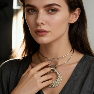 Close-up of double-layer silver choker with a large textured hollow round pendant