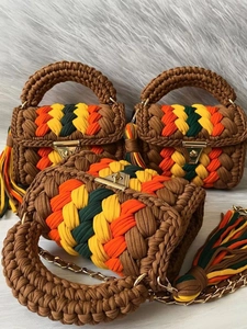 Handmade Crochet Crossbody Bag Polyester Knit Striped Handwoven Shoulder Bag With Chain Strap Tassel Metal Lock Women