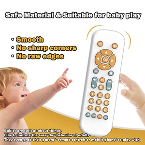 Detail of safe baby toy remote with smooth edges and educational multi-language buttons