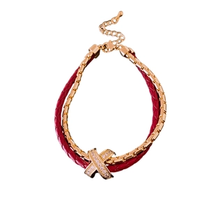 Double-layered red leather and gold-plated chain bracelet with zircon-encrusted X detail
