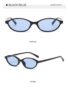 Retro oval black frame sunglasses with transparent blue lenses from multiple angles