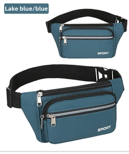 Lake blue waterproof sports waist bag featuring multiple zipper pockets and reflective strip