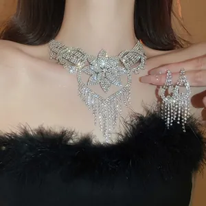 Silver Tone Flower Rhinestone Tassel Necklace Earrings Set Heavy Work Elegant Evening Party Jewelry For Women