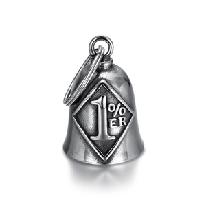 Retro stainless steel motorcycle bell pendant with 1%ER embossed design on white background