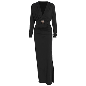 Detail of elegant black V-neck maxi dress with ruched waist and metallic buckle decoration