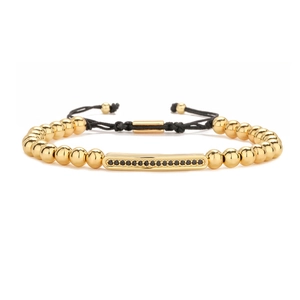 Retro copper crown beaded bracelet with black zircon bar and adjustable woven cord