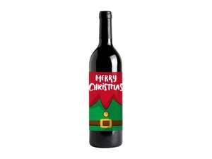Detail of Christmas elf wine label with gold foil Merry Christmas text and belt design