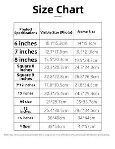 Detailed size chart for solid wood picture frames ranging from 6 inch to 16 inch and A4