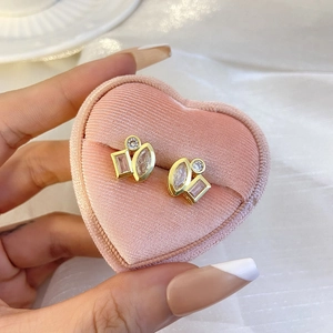 Geometric Stitching Copper Zirconia Stud Earrings For Women 18K Gold Silver Plated Elegant Minimalist Personalized Jewelry Gift