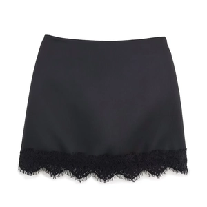 Women's black satin skirt with lace hem detail shown in a top-down flat lay view