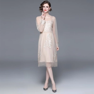 Robe élégante en tulle champagne avec broderies florales et manches longues en résille