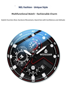 Close-up of chronograph watch dial with black texture, red accents, and three sub-dials