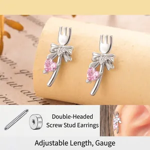 Cute Fork Bow Heart Zircon Ear Stud Earring Titanium Steel Screw Back Niche Design Piercing Jewelry For Women