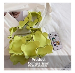 Detailed view of the bright lime green 3D petal-shaped stitched PU leather shoulder bag