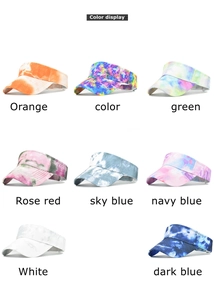 Detail view of tie-dye visor hats in eight colors with adjustable open top design