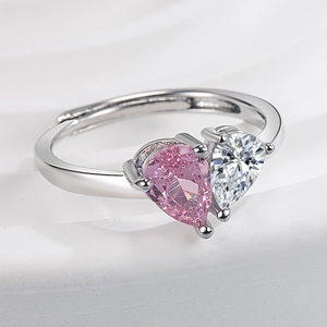 Adjustable silver couple ring with pink and white pear-shaped zircon heart gemstones