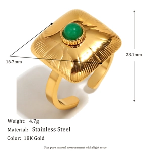 Retro 18K gold-plated stainless steel ring featuring a green stone and size dimensions