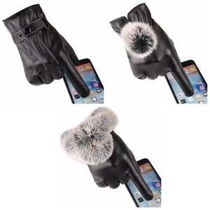 Winter thermal touch screen leather gloves for men and women with faux fur decor