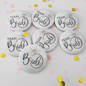 Set of 7 white and gold Team Bride tinplate badges with diamond ring for weddings