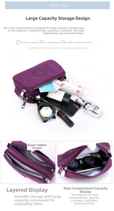 Detail of purple nylon handbag showing three zippered compartments and spacious inner storage