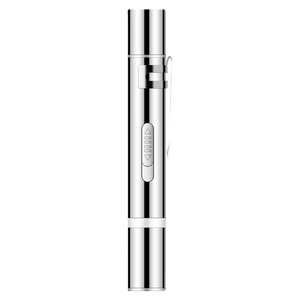 Sleek silver metal rechargeable laser cat toy pen with sliding switch and pocket clip
