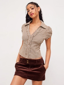 Retro brown plaid puff sleeve shirt with ruffled collar and corduroy mini skirt
