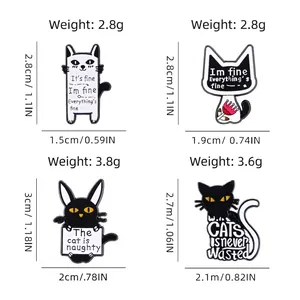 Halloween cartoon cat enamel pin set with size and weight dimensions in four styles