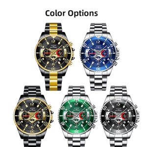 Detail showing five color variations of men's quartz chronograph watches with steel bands