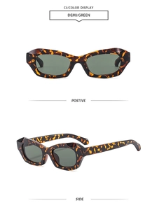 Detailed front and side view of demi frame sunglasses with green lenses in C3 style