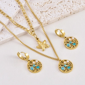 Lagenhalskette Mit Seestern Türkis Künstliche Perle Und Hängeohrringe Edelstahl Ozean Strand Stil Schmuck Für Damen