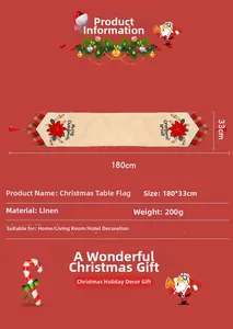 Detailed Christmas table runner with red floral motifs, linen fabric and festive tassels