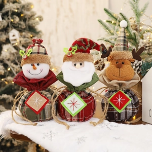 Christmas Drawstring Gift Bags Linen Plaid Fabric For Candy Apples Festive Party Decor Cartoon Santa Snowman Reindeer