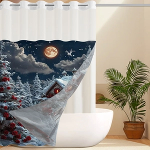 Detail of Christmas shower curtain featuring reindeer and snowy winter night landscape