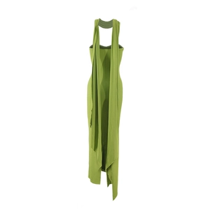 Close-up of grass green halter maxi dress with twist-front bodice and neck ribbons