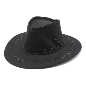 Detail of black cowboy hat with leather braided stitching and golden ventilation eyelets