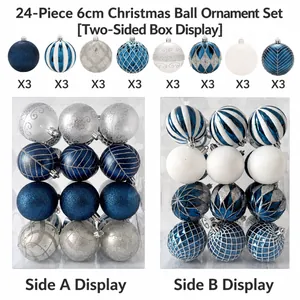 24er Set blaue und silberne 6cm Weihnachtskugeln mit verschiedenen gemalten Mustern