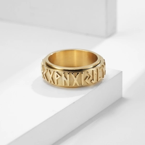 Nordic Viking Rune spinner ring in gold stainless steel with relief engraving