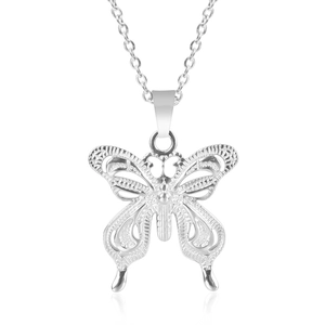Detailed macro view showing the silver butterfly pendant and steel necklace chain