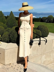 Robe Midi En Tricot Sans Manches Boutonnée Moulante Côtelée Couleur Unie Taille Haute Élégante Femmes