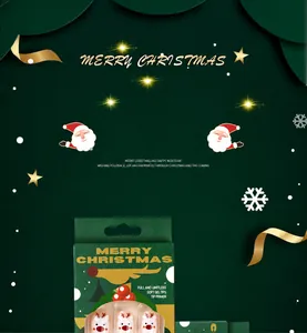 Detailed view of Christmas themed soft gel nails with reindeer patterns in green box