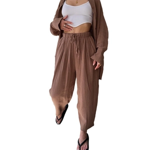 Brown casual cotton linen set with lapel long sleeve shirt and high waist pants for women