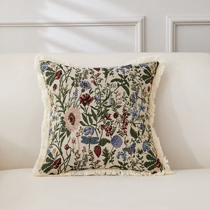 Vintage Blumen Wandteppich Kissen Detail, Baumwolle Leinen Kissenbezug mit Fransen.