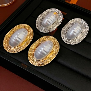 Vintage French Style Oval Stud Earrings With Wrinkled Alloy Border Faux Artificial Pearl And Silver Earring Post Elegant Oversized